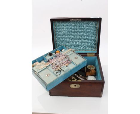 Regency rosewood sewing box, blue silk fitted interior with pin wheels, thimbles, table clamps, ivory mother of pearl and tre