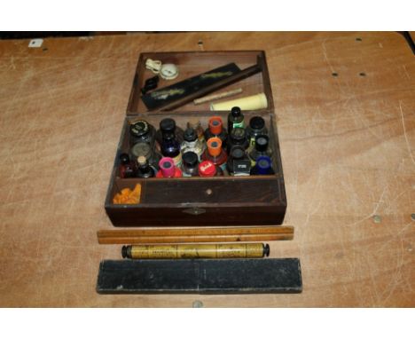Selection of drawing items - including rulers, a slide rule, Mauchline perpetual calendar / postal ruler compass, magnifier a