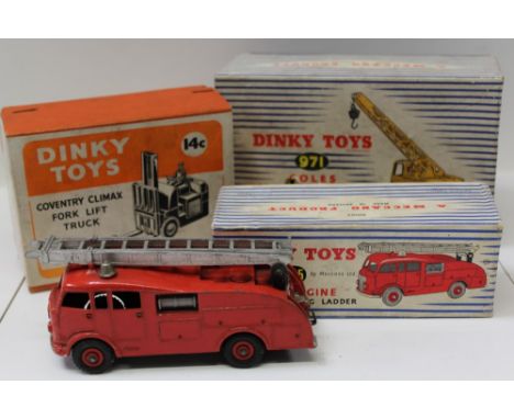 Dinky - Coventry Climax Fork Lift Truck no. 14C, Coles Mobile Crane no. 971, Fire Engine no. 555 (box lid only), all boxed (3