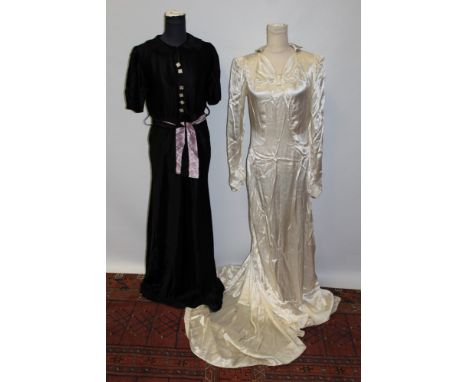 Late 1930s / early 1940s wedding dress with integral train in cream satin with shaped and gathered bodice, plus 1930s black s