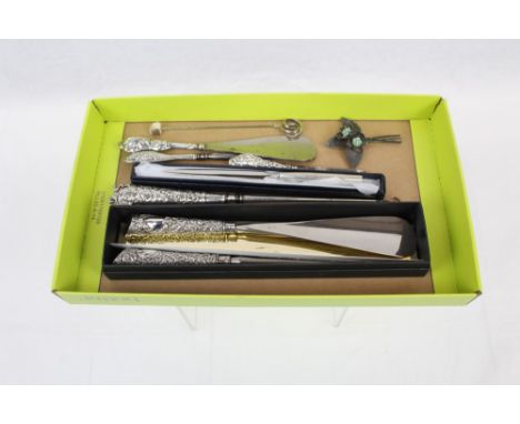 Charles Horner silver hat pin, Charles Horner floral spray brooch, Victorian silver-handled shoe horns and button hooks, plus