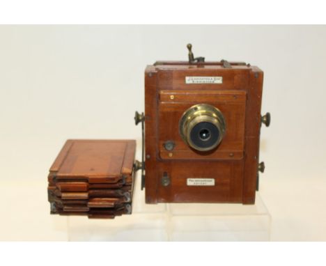 Victorian Lancaster 'The International' patent plate camera with brass lens and three plate holders