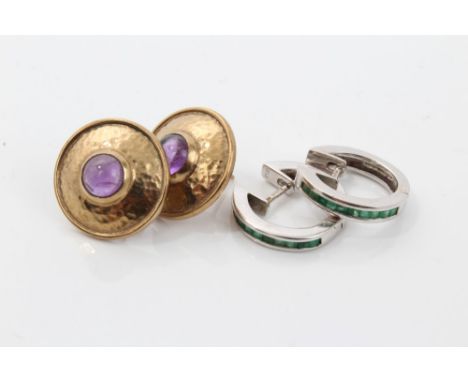 Pair white gold (18ct) emerald hoop earrings, together with pair gold (9ct) disc earrings - each set with an amethyst cabocho