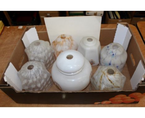 Box containing a pair of frosted glass lamp shades, a milk glass shade and four other 1950s glass lamp shades (7)