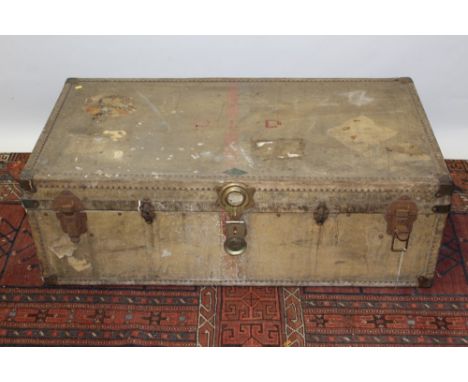 Vintage luggage - Selfridges vellum cabin trunk - metal studs and reinforced corners, 100cm x 33cm x 53cm approximately, plus