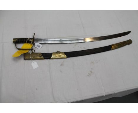 French Cavalry sabre with brass hilt, impressed 'S2' and wire bound leather grip, curved blade, in brass mounted leather scab