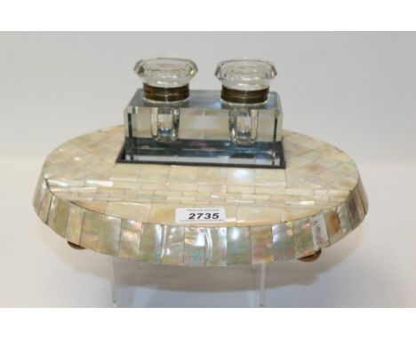 Victorian mother of pearl inkstand with two cut glass ink bottles