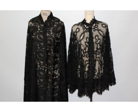 Selection of lace - including long-length black Chantilly lace shawl, other pieces of black lace, black tape lace cape, detac