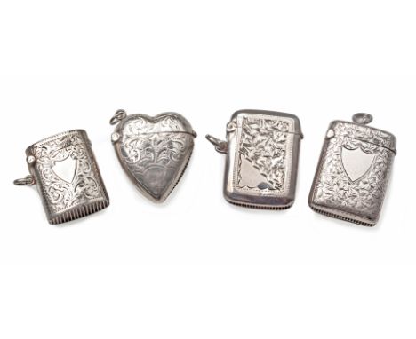 A VICTORIAN SILVER VESTA CASE, ROLASON BROTHERS, BIRMINGHAM, 1897 of heart-shape, the whole with engine-turned decoration, 18
