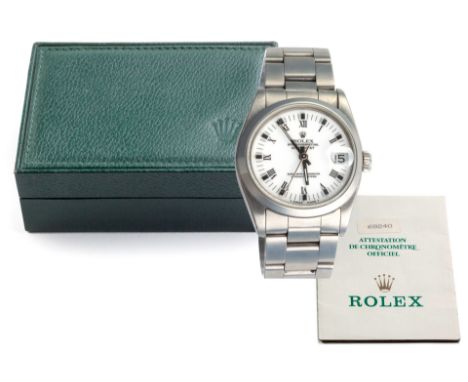 A MID SIZE STAINLESS STEEL WRISTWATCH, ROLEX OYSTER PERPETUAL manual, the circular white dial applied with Roman hour numeral