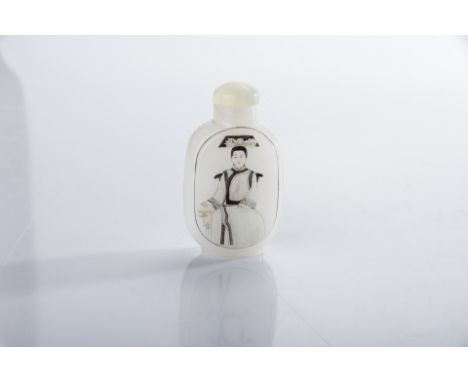 A CHINESE WHITE GLASS ‘PORTRAIT’ SNUFF BOTTLE rectangular with rounded corners raised on a short oval foot, the front enamell