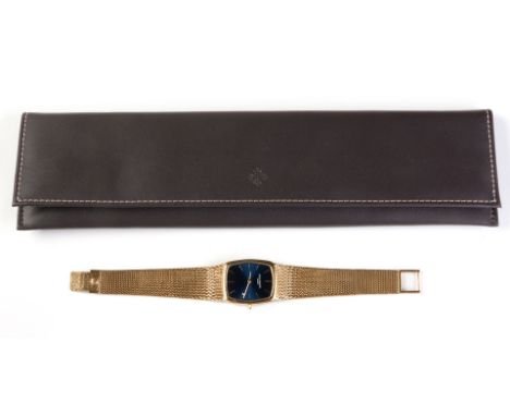 A GENTLEMAN'S 18CT GOLD GOLDEN ELLIPSE WRISTWATCH, PATEK PHILIPPE manual, the rectangular-shaped blue metallic dial with gilt