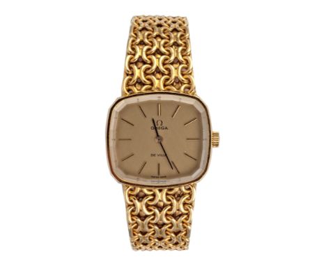 A LADY'S 18CT GOLD WRISTWATCH, OMEGA DE VILLE manual, the square gilt dial applied with gilt baton hour markers, inscribed Om