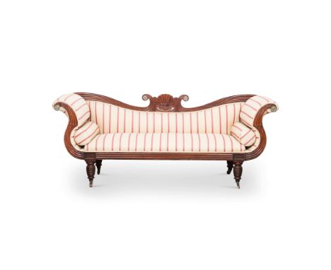 A REGENCY WALNUT SETTEE the reeded broken swan-neck top rail centred by a curved shell motif, padded back, sides and seat bet