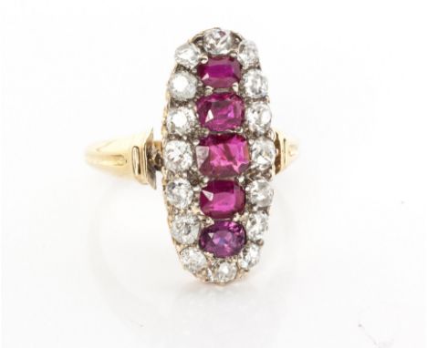 A RUBY AND DIAMOND RING 5 graduating claw-set cushion mixed-cut rubies surrounded by 16 claw-set old-cut diamonds, fluted sho