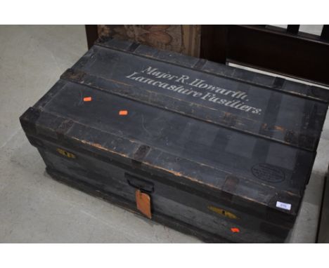 A vintage "Marshalls improved watertight" wooden travel trunk bearing military stamp, named for Major R Howarth, Lancashire F