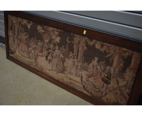 A vintage oak framed tapestry panel, depicting courtship scene, dancing in the moonlight, approx. 153 x 59cm