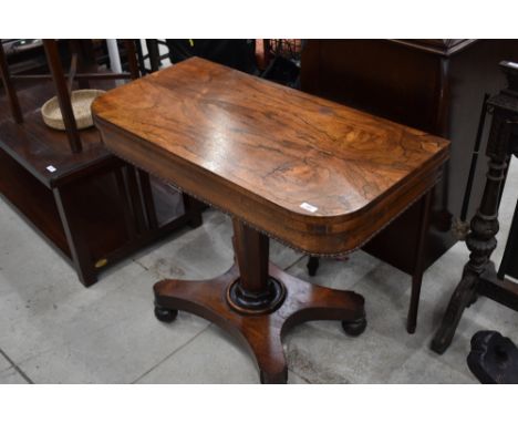 A lovely William IV rosewood fold over card table, beize and some small pieces of veneer needing attention