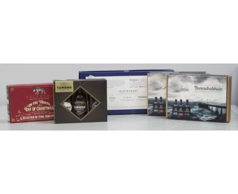 Whisky Miniatures - Bunnahabhain 12 Year Old Cask Strength, set of three, (2); Wolfburn "On The Fourth Day Of Christmas" sele