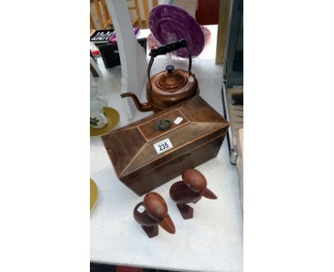A Victorian tea caddy, 2 wooden ducks and a copper kettle