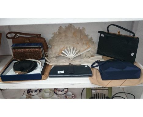 A quantity of evening bags, feather fan, kid gloves etc