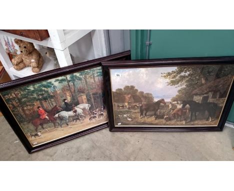 A framed and glazed hunting print and a farming scene