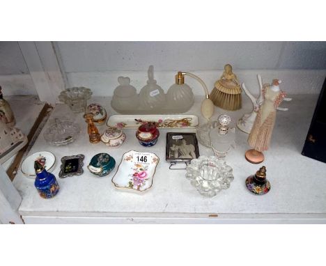 A mixed lot including set of perfume bottles on tray, other perfume bottles, ring stands and Crown Derby trinket tray