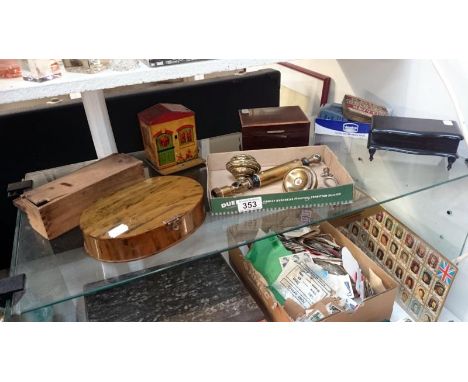 A mixed lot of trinket boxes, manicure set, old tins, dominoes etc