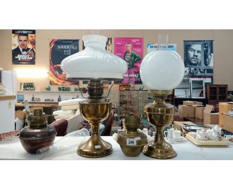 2 oil lamps with shades (1 a/f), funnels and other oil lamp parts