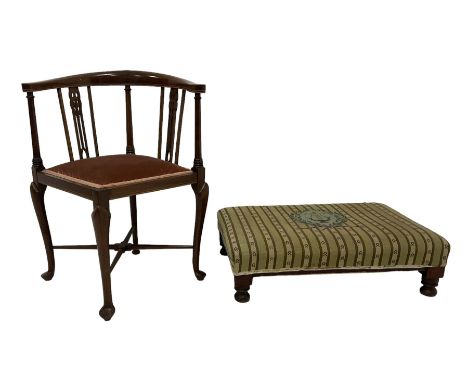 Edwardian inlaid mahogany corner chair (W57cm H72cm); and early 20th century footstool, rectangular seat upholstered in cross