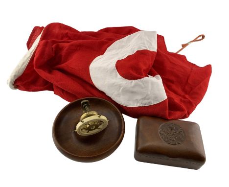  Training Ship flag, vintage ships wheel nut cracker and an early 20th century Indian hardwood cigarette box, the hinged lid 