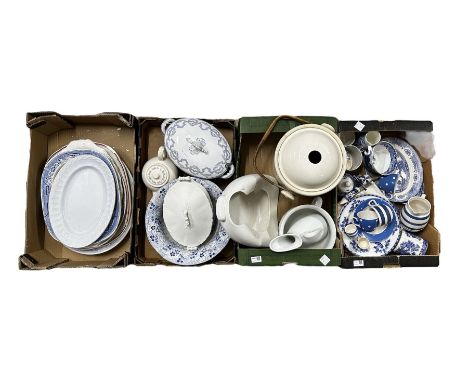 Four boxes of Victorian and later ceramics to include meat plates, tureens, teapots, blue banded egg cups etc 