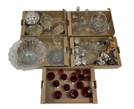 Large glass iridescent dish, various glass decanters, glass vase, red glass decanter and glasses, metalwares, table lighter e