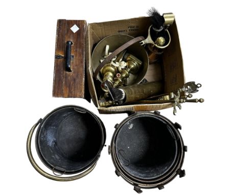 Collection of brassware, fire irons, copper and brass coal bucket, various tools etc 