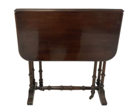 Small Regency style mahogany Sutherland table, moulded drop-leaf top with rounded corners, gate-leg action base, turned pilla