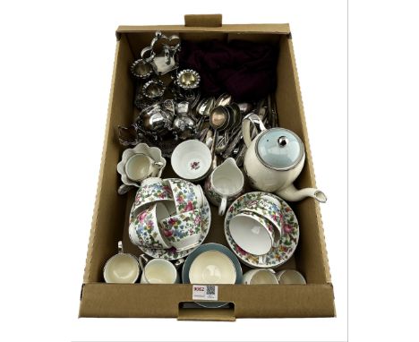 Gray's Pottery coffee set, silver-plated cutlery, silver handled knives, silver salt spoon, Crown Staffordshire tea set etc 