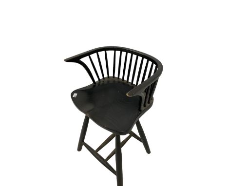 Painted elm bar stool, stick back over swivel saddle seat, in black finishDimensions: Height:&nbsp;89cm&nbsp; Length/Width:&n