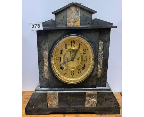 A 19th century French slate and marble mantle clock, H. 33cm. A/F to left side of base.