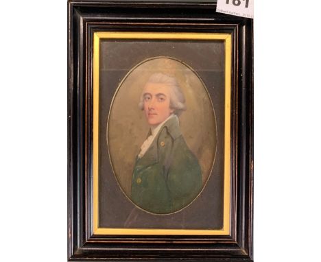 A fine 18th Century framed hand painted enamelled portrait miniature on copper identified verso as George Bulls esquire, fram