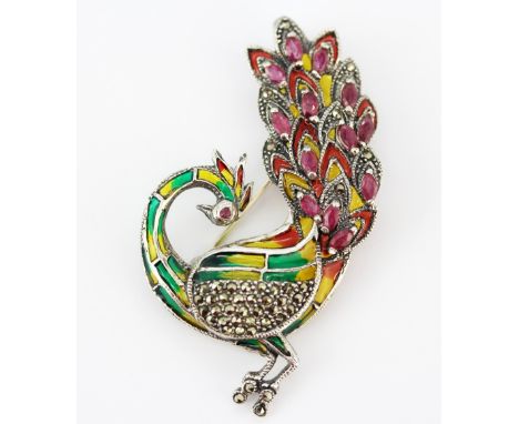 A 925 silver and enamel peacock shaped brooch set with marquise cut rubies, L. 5.8cm.