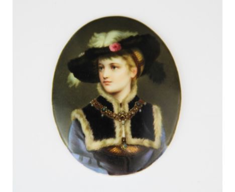 A unframed hand painted portrait miniature on porcelain, L. 8.5cm.