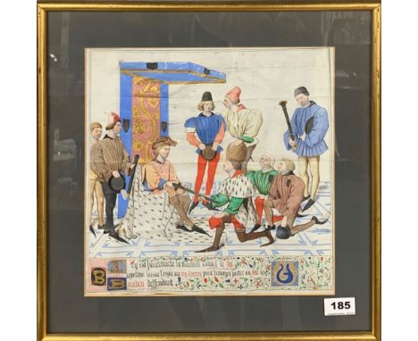 A watercolour and illuminated manuscript panel of the Duke of Bretagne hearing an appeal by the Duke of Bourbon, frame size 4
