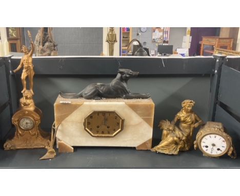 An Art Deco marble mantle clock and two further metal mantle clocks.