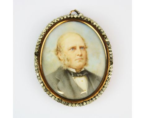 A 19th century hand painted portrait miniature of a gentleman in a gilt metal stone set frame stamped with the initials A.F. 