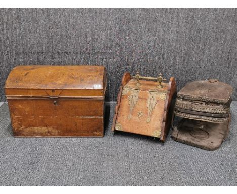 A tin trunk, a brass mounted mahogany coal box and a foot bellows, chest 58 x 39 x 40cm.