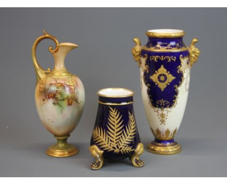 A Royal Worcester hand painted porcelain jug together with a Coalport vase and a small Worcester vase, tallest 20cm. Conditio