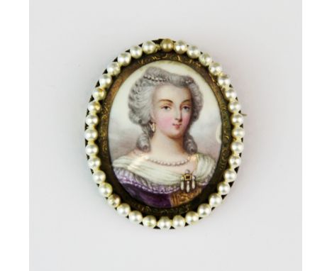 A 19th century hand painted enamelled on copper portrait miniature mounted as a brooch, L. 4.5cm.