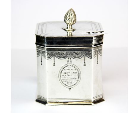 A hallmarked silver tea caddy, H. 12 x 9.5 x 9.2cm. approx 391g.&nbsp;