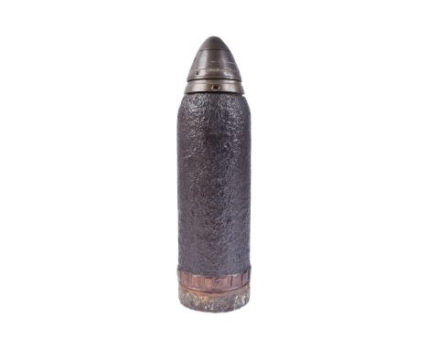 An original WWI First World War British 18 Pounder Artillery ( inert ) shrapnel shell. The shell with a copper driving band t