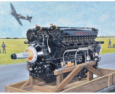 Desmond Davies (Artist d,2021) - a WWII Second World War interest oil on canvas painting depicting a Rolls-Royce engine in th